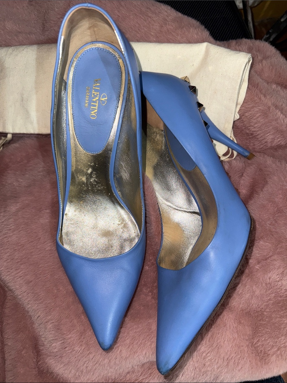 Valentino Garavani Periwinkle Leather Pointed-Toe Pumps with Gold Studs